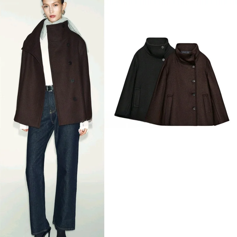 

Spring New Women's Double-Breasted ket Trim Long Sve High Collar ort Coat Jaet Casual Loose Polyester Fiber Coat