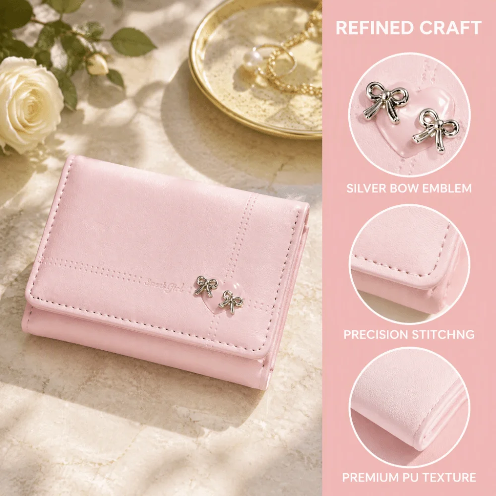 Fashion Large Capacity Love Bow Wallet Foldable PU Leather Tri-fold Short Wallet Compact Multi-card Slot Card Holder Student
