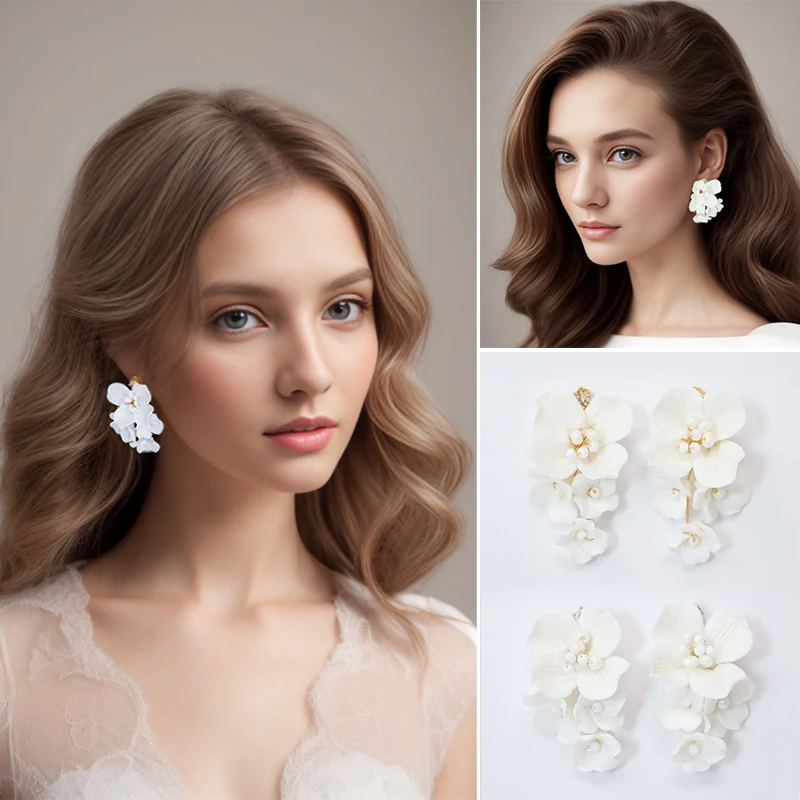 Mixed Styles Handmade Ceramic Flower Bridal Pendant Earring Wedding Pearl Dangle Stud Earrings For Women Girls