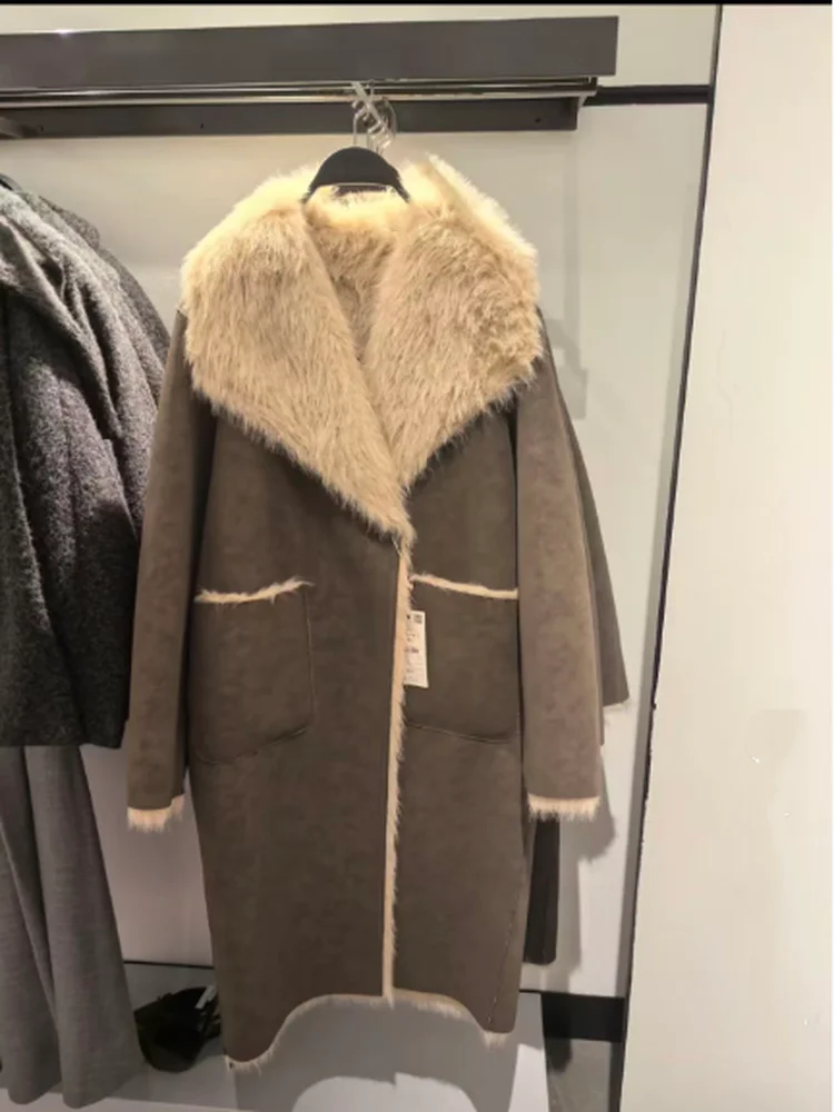 Otoño Invierno ropa de doble cara abrigo de piel Artificial de ajuste suelto Vintage Sle Long Sve señoras Jaet fibra de poliéster