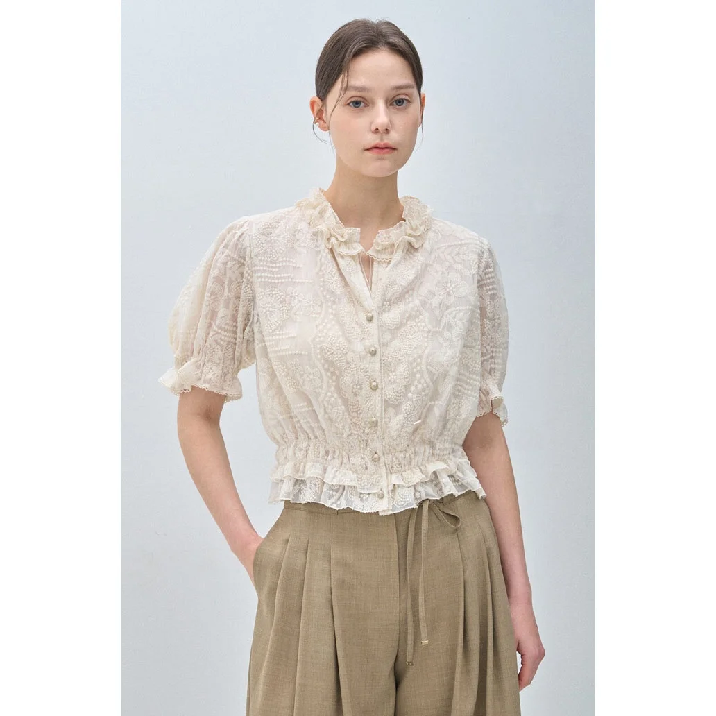 

Busy Fruit Heavy Embroidery Elastic ort Sve irt Bla Lapel Commute Sle Korean Version Button Detail Pure Color irt