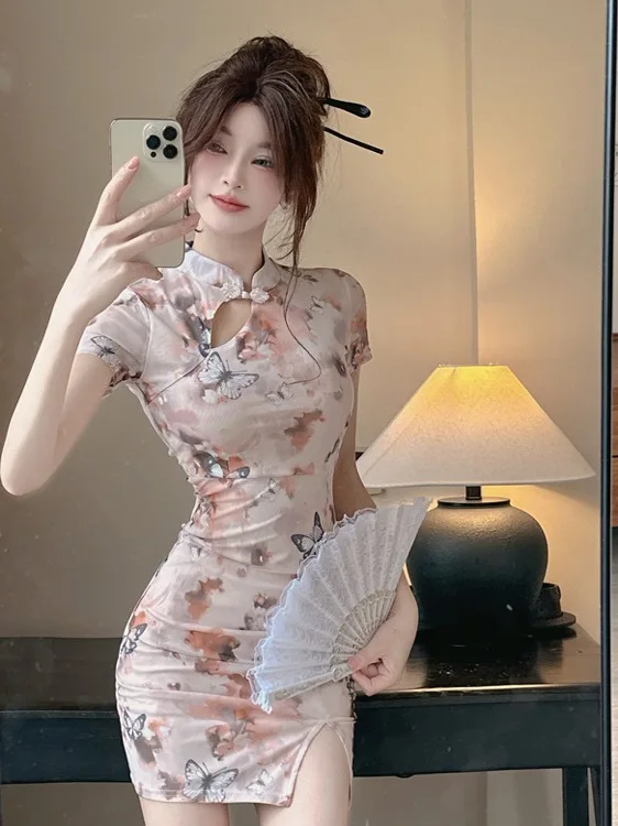 Nieuwe Chinese Retro Nationale Sle ort Sve Taille Cinched Print Wrap Body Split Dr Herfst Seizoen Dames Dr