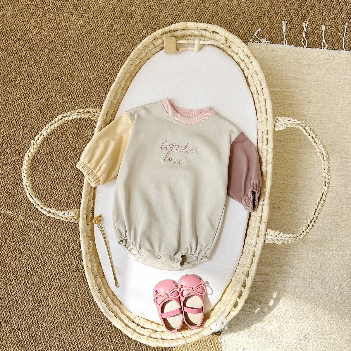 Infant Boys Girls Little Love Letter Embroidery Color Block Raglan Sleeve Romper Baby Soft Casual Long Sleeve Bodysuit