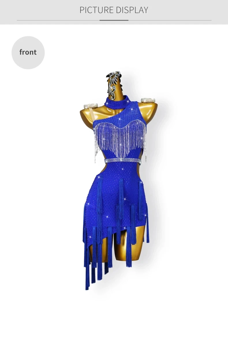 Blaues Latein-Tanzkleid, Damen-Trainingskleidung, Tanzbekleidung, sexy Rock, Ball-Wettkampfanzug, elegantes Partykostüm, Sportbekleidung. – Detail 7
