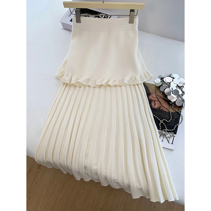 

Elegant Knitted Midi Skirt Women Fashion Ruffles Patchwork Black Pleated Skirts Winter Korean High Waist Design A Line Faldas