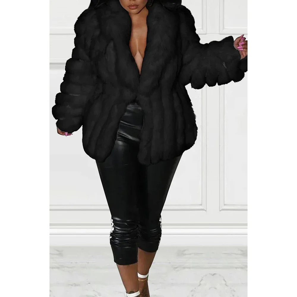 

Plus Size Semi Formal Outwear White Faux Fur V Neck Oversized Jacket Outwear With Cinch Waist