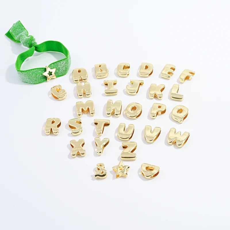 18K Gold Plated Brass Custom Glossy Beaded Capital Letter String Bead Stretch Bracelet Women's Minimalist Elegant Jewelry