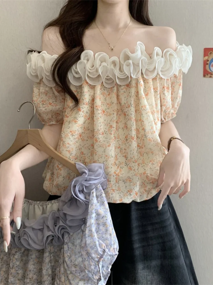 

Dopamine Floral One-Shoulder Women's Summer New Super Fairy Beautiful Three-Dimensional Lace Thin Top Sweet Style Loose Fit