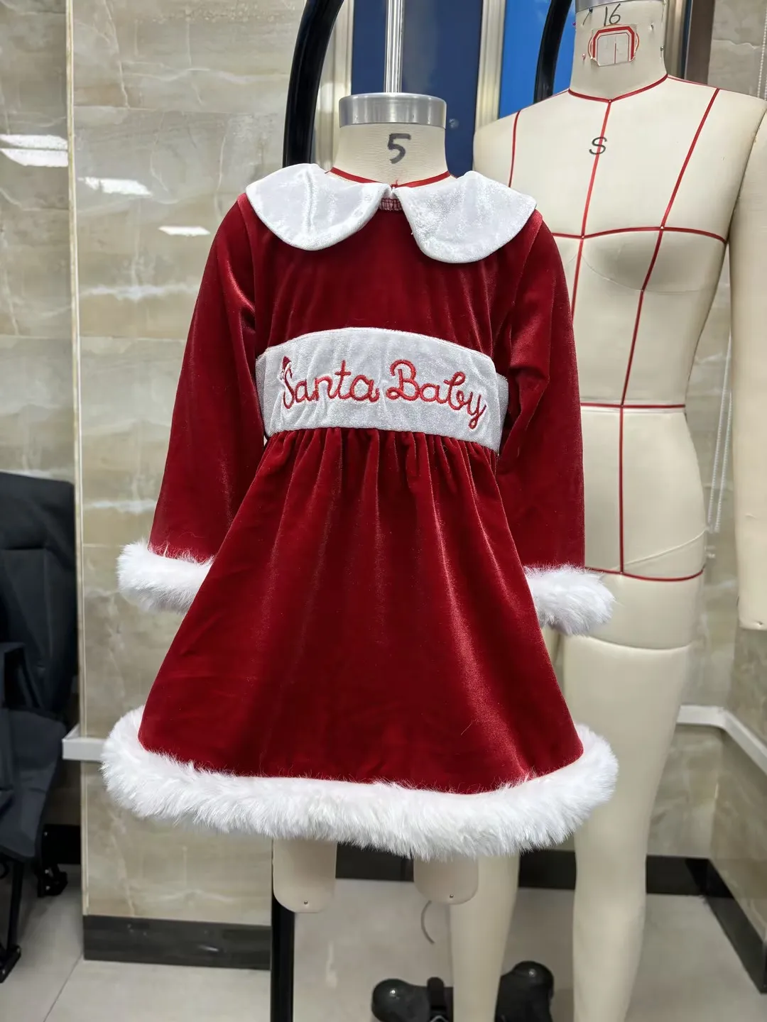 

Toddler Clothes Baby Girl Christmas Winter Outfit Fuzzy Trim Doll Collar Long Sleeve Velvet Dress Santa Hat Clothing Set