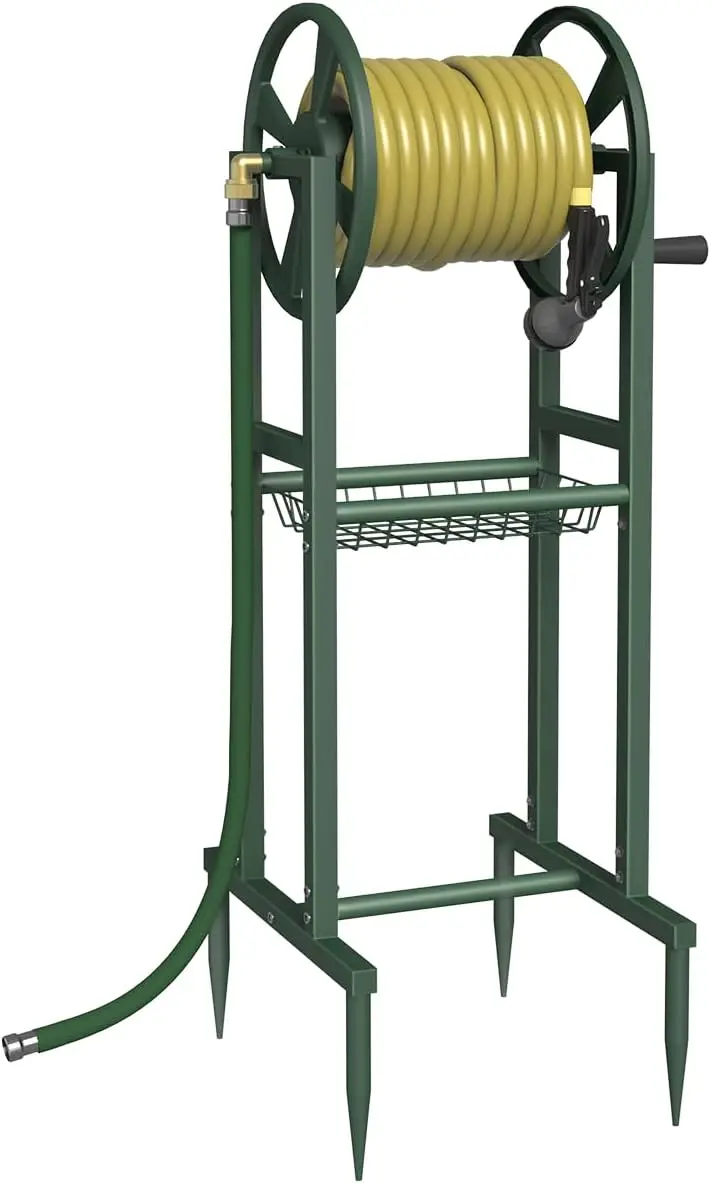 

Portable Garden Hose Reel with 125ft Capacity, Brass Fitting, Storage Rack & 4 Spikes Base for Outdoor Use