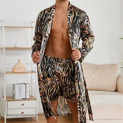 Men's Ice Silk Sleepwear Kimono Bathrobe Gown Long Robe Pajamas Two Piece Set Print Tiger Loose Casual Homewear Lounge Wear