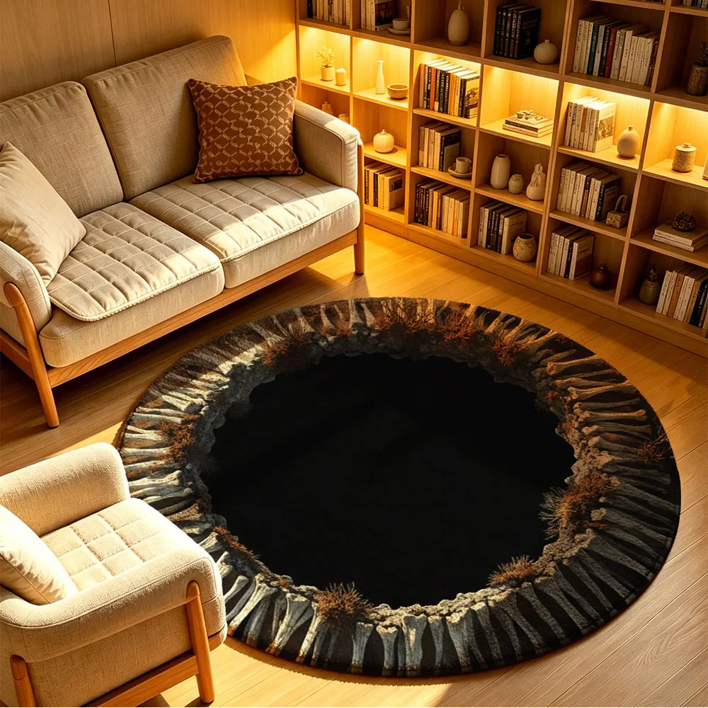 1pc Desert Crack Hole Visual Round Floor Mat Washable Circular Rug For Living Room Bedside Sofa Unique Cave Texture Household