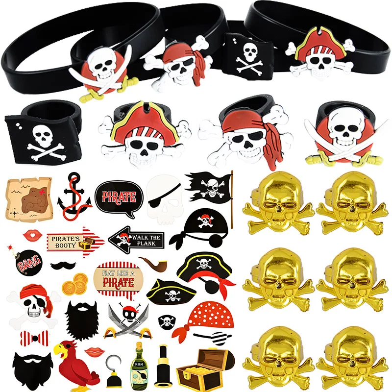 Pirate Theme Gift Toys Skull Rings Rubber Bracelet Pirate Map For Kids Pirate Birthday Party Favors Decor Halloween Cosplay Prop