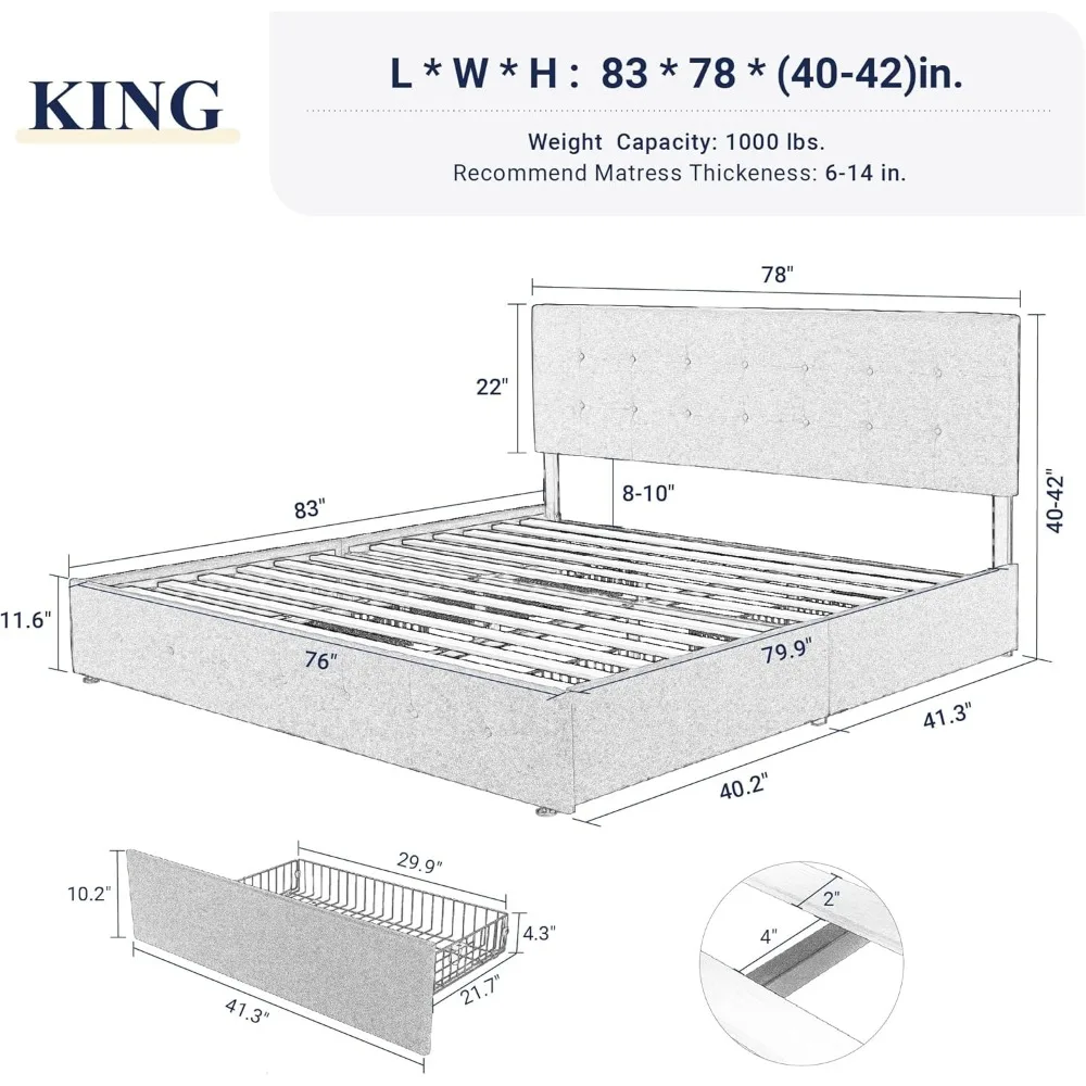 Upholstered King Size Platform Bed Frame with 4 Storage Drawers and Headboard, Square Stitched Button Tufted