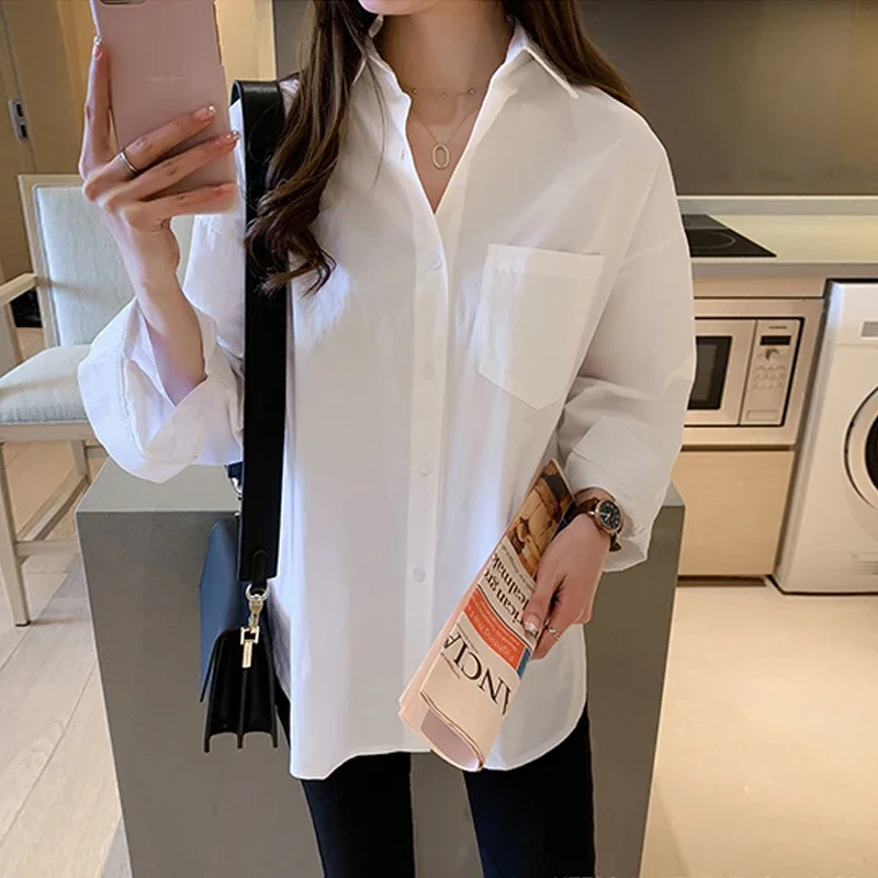 Spring Office Lady Elegant Women Shirts Cotton White Blouse Autumn Femme Long Sleeve Loose Blouses Female Tops Casual 11456