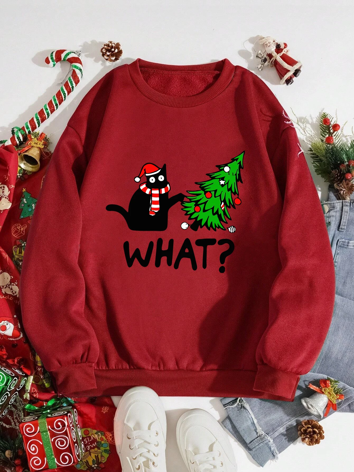 2024 Cute Cute cat Christmas tree Print Plus Long Sleeve Slight Stretch Pullover Sweatshirt Casual Tops For Fall & Winter Sales