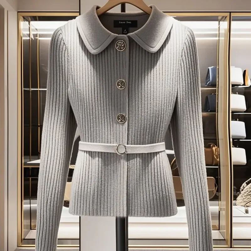 

Xiaoxiangfeng Advanced Sense Gray Long-Sleeved Sweater Spring Autumn New Korean Fashion Polo Collar Single-Breasted Sweater Coat