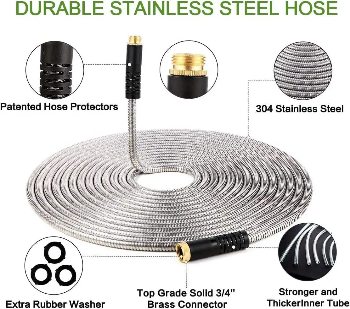 25/50/75FT Stainless Steel Garden Hose High Pressure Watering Pipe Easy Storage For Car Wash Garden Irrigation Accessories