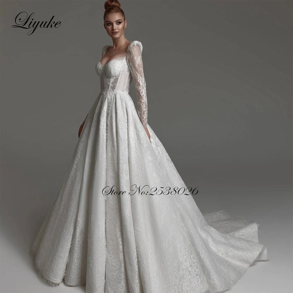 Liyuke-Vestido de Noiva Linha A com Apliques, Renda Elegante, Manga Completa, Vestidos de Noiva Querida