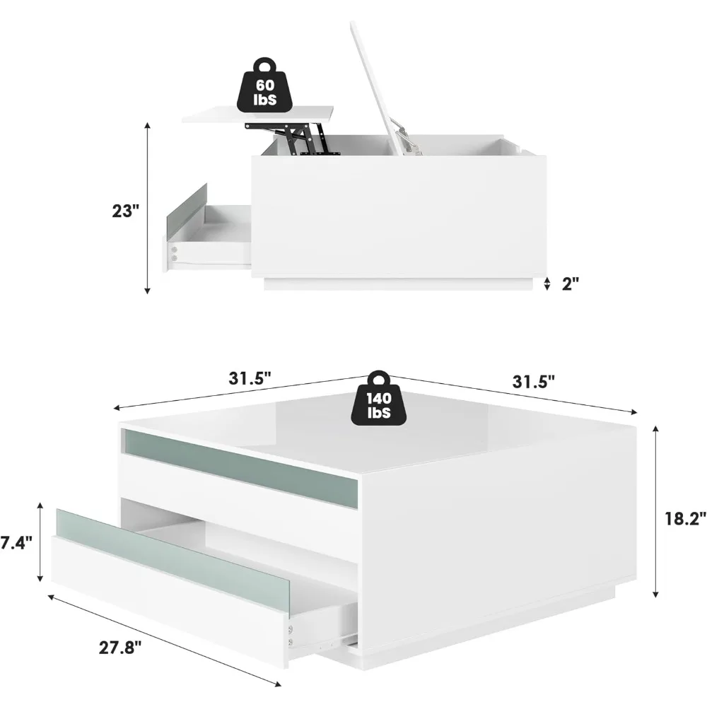 High Gloss Coffee Table with Storage,White Square Lift Top Coffee Tables with LED & Flip Lid, Small Modern Coffee Table for Livi