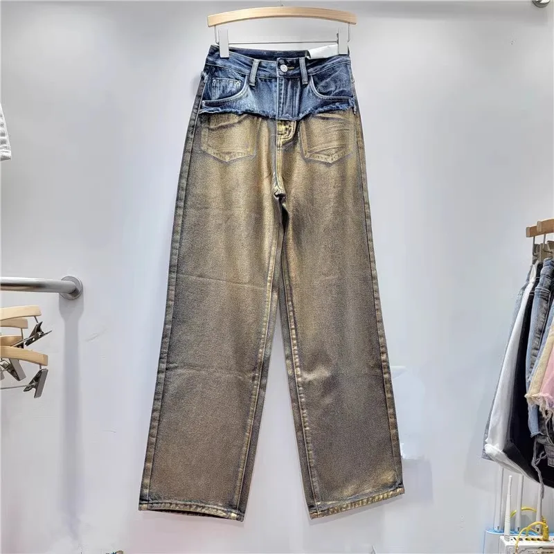 

2024 Spring High Street Fashion Straight Wide Leg Pants for Women Patchwork Contrast Color Gold Coated Casual Jeans Y4758