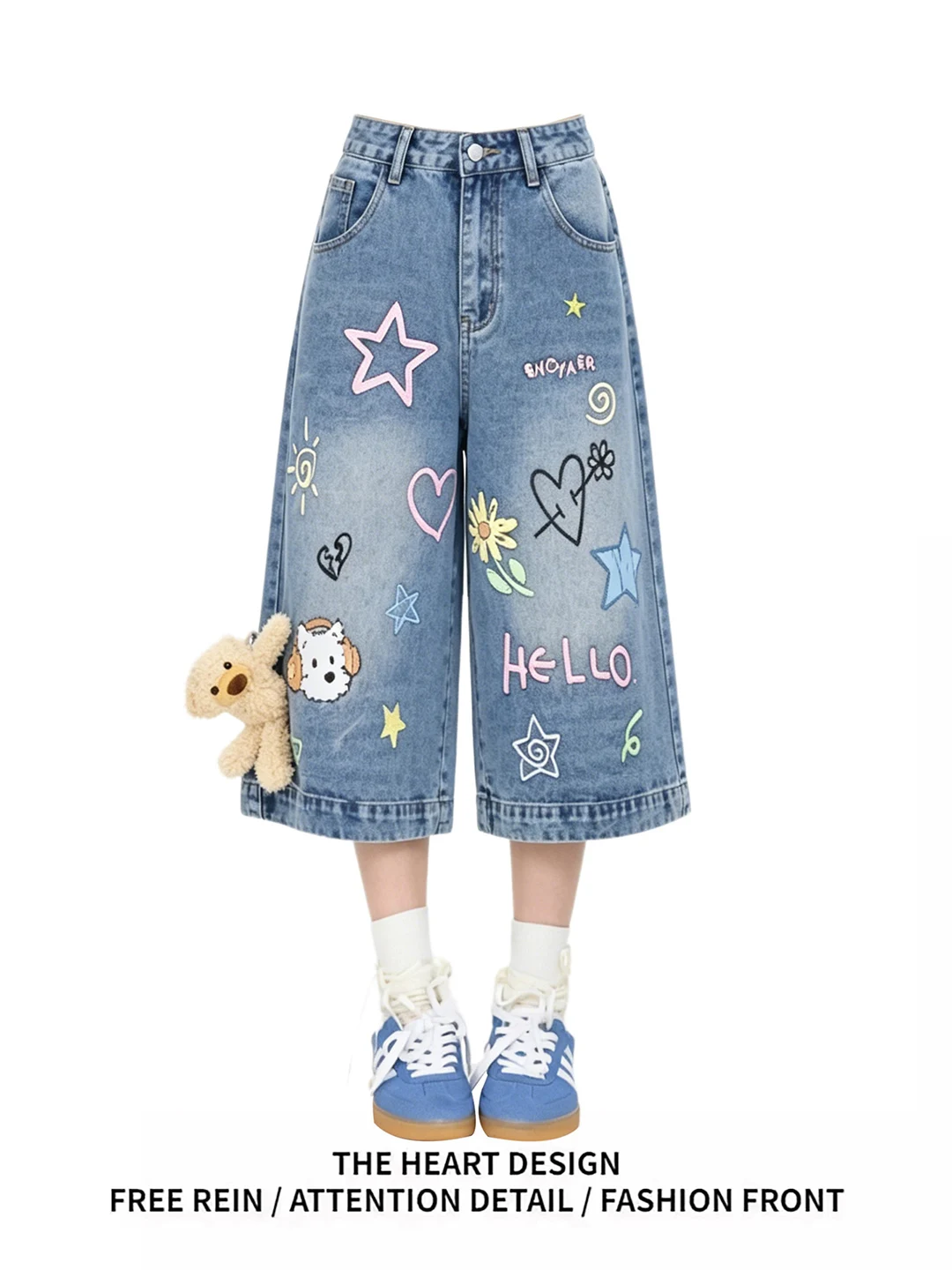 

Cartoon Graffiti Washed Vintage High Waist Wide Leg Jeans Loose Fit Summer New Women's Blue Denim Pants Casual Comfortable