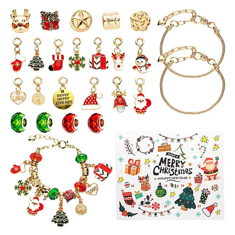 24 Days Christmas Countdown Calendar Girls Charm Beads Bracelet DIYJewelry Kit With 22 Beads And 2 Bracelets For Kids