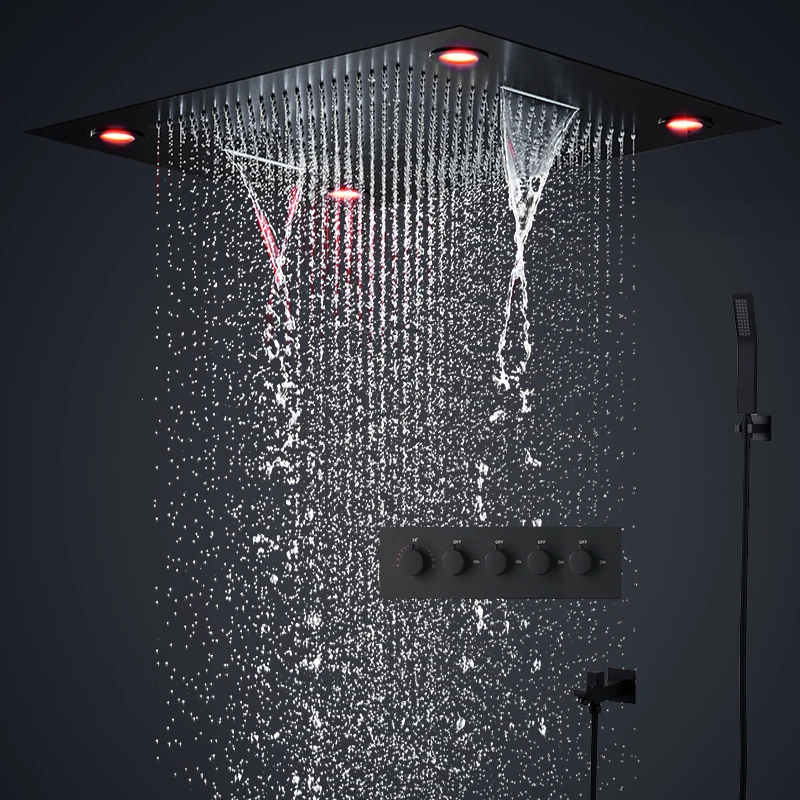 

hm Black Shower Set Bathroom Ceiling LED Shower Head Panel 600x800MM Rainfall Waterfall Thermostatic Diverter Faucets System