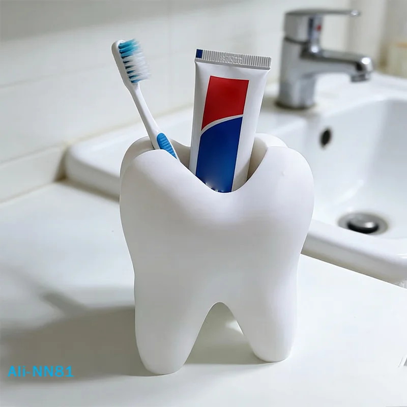 Tooth-Shaped Toothbrush Holder Organizer Pen Holder Plastic Makeup Brush Storage Rack Bathroom Accessories Tool Home Decoration