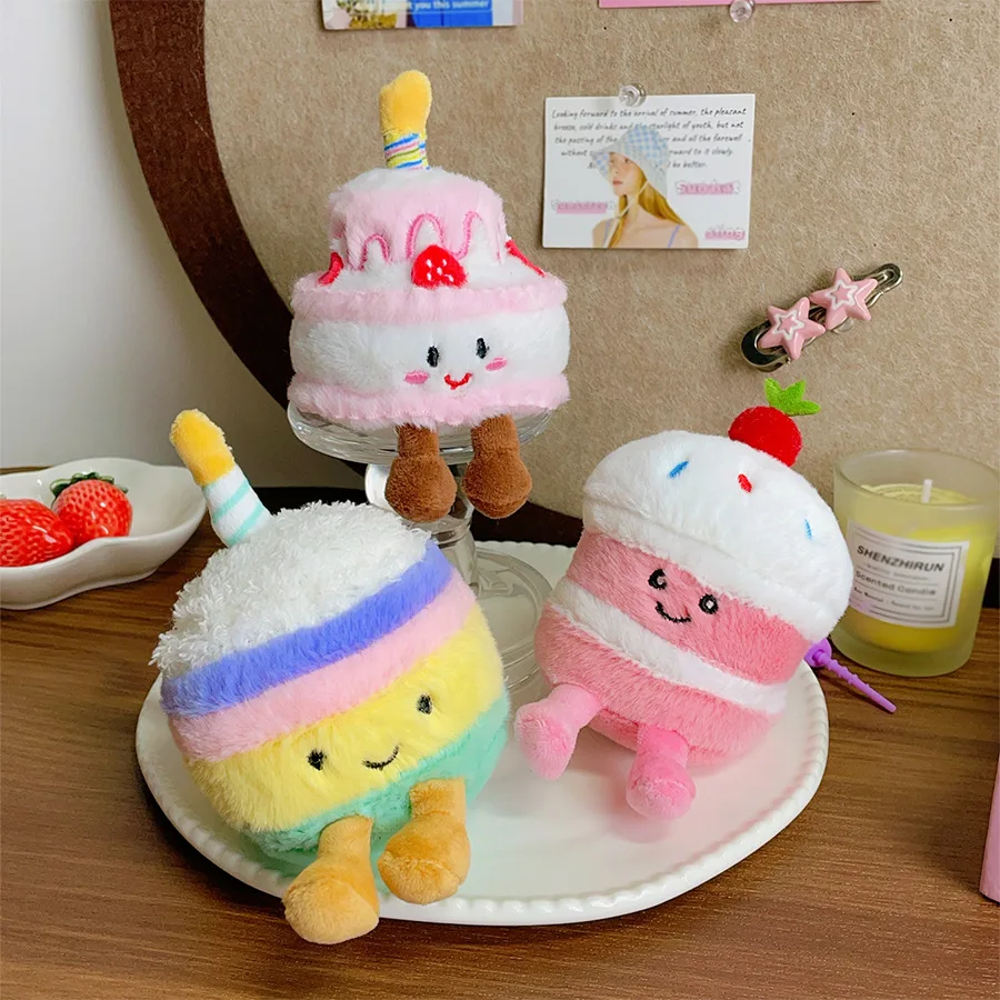 Schattige regenboogtaart pluche pop hanger sleutelhanger simulatie dessert roze taart pluche gevulde pop sleutelhanger kinderverjaardagscadeau