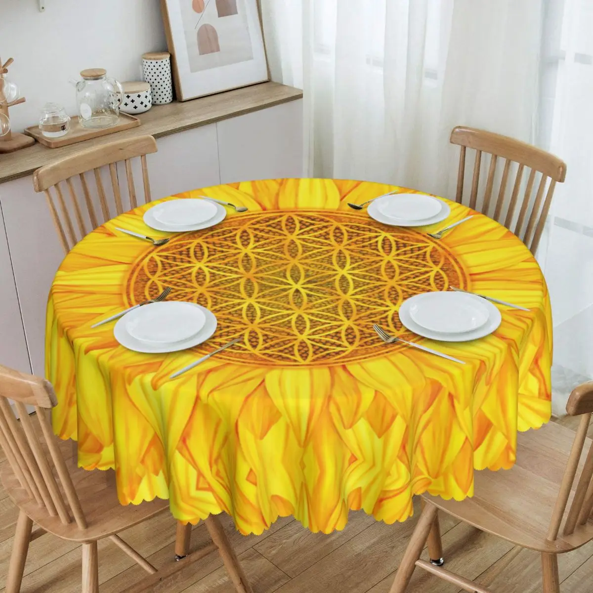 

Round Flower Of Life Sunflower Tablecloth Waterproof Oil-Proof Table Cover 60 inches Mandala Floral Sacred Geometry Table Cloth