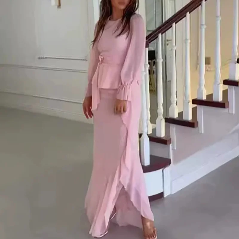 

Женские повседневные однотонные комплекты из 2 предметов с расклешенными рукавами, модные тонкие костюмы с рюшами, элегантные топы на шнуровке с круглым вырезом и полуюбкой