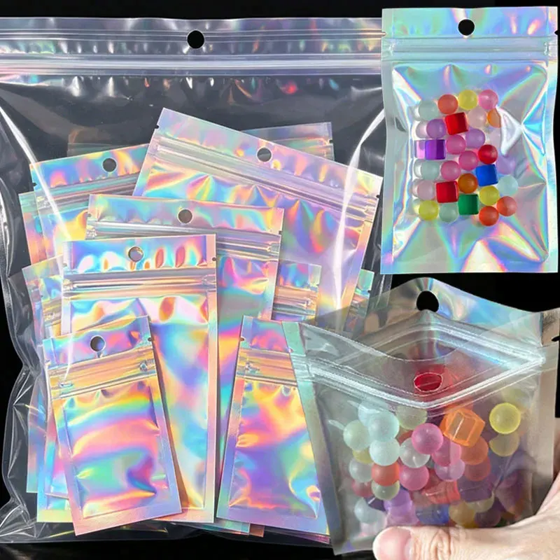 

Resealable Laser Self Lock Bags Small Business Packaging Holographic Envelopes Flat Clear Plastic Candy Jewelry Food Storage Bag