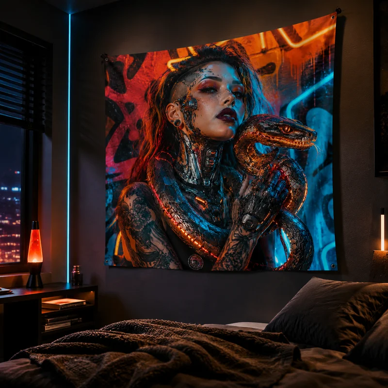 VIKAMA Futuristic Sci-Fi Angel Tapestry, Mechanical Wings Cyber City Wall Hanging, Cool Mechanical Girl Wall Hanging, Home Decor