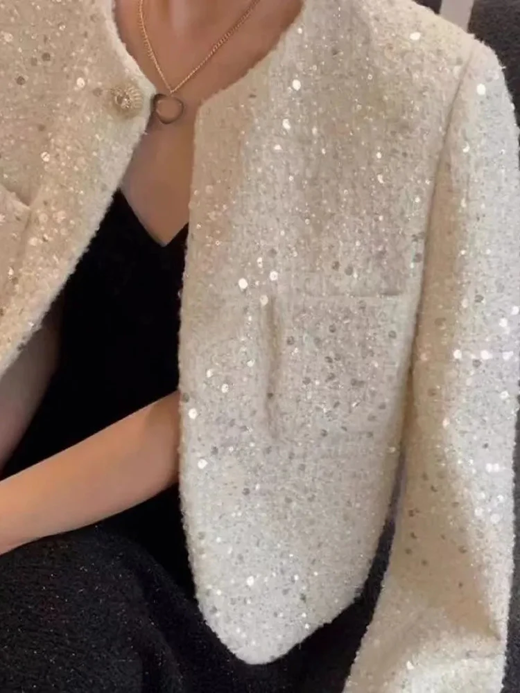 Chic Sequins Sweet Tweed Jacket Women Fall Elegant Long Sleeve Slim Coat Korean Fashion O Neck Design Female All Match New Tops