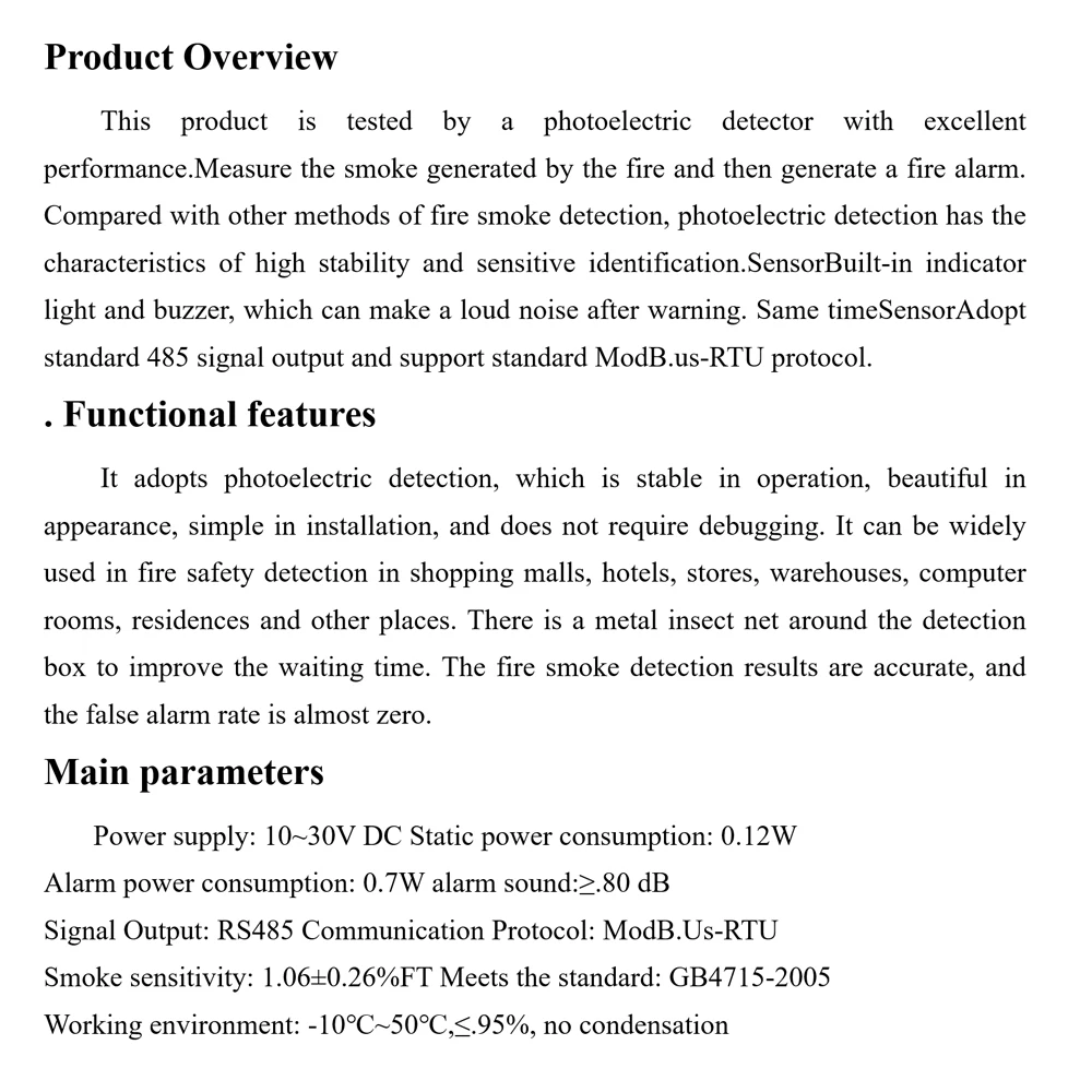 RS485 Wireless Smoke Collection Sensor Industrial-Grade Smoke Alarm Fire Sensitive Detection Induction Transmitter