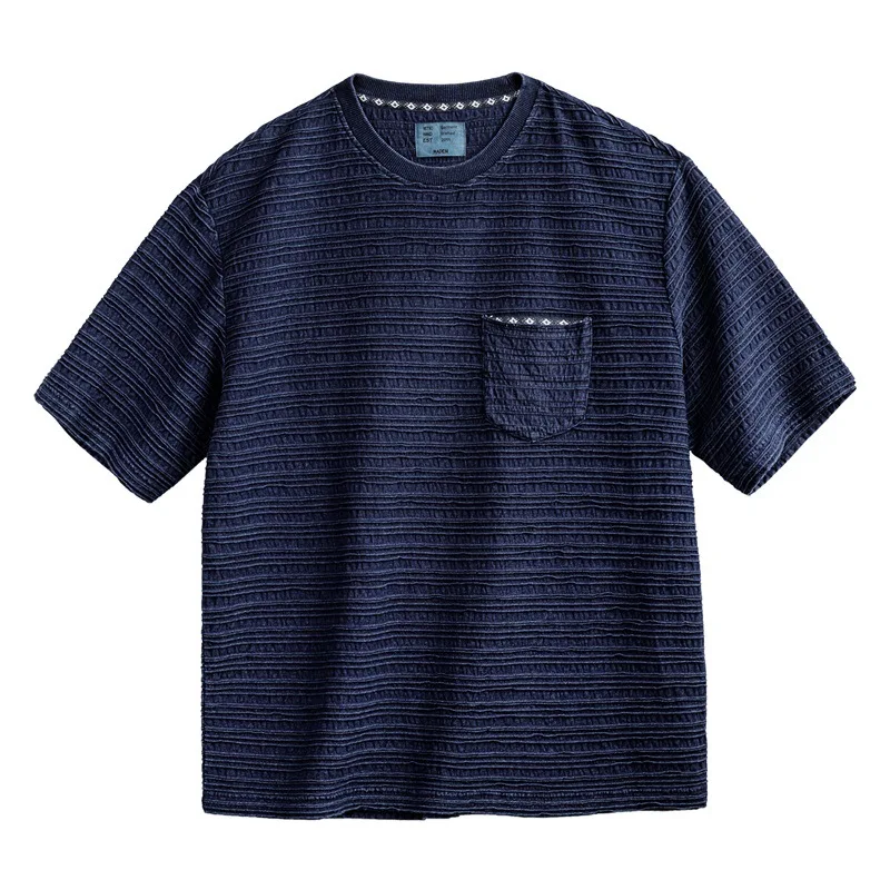 Madden workwear American retro knitted jacquard wave pattern T-shirt texture khaki loose short-sleeved T-shirt men's summer