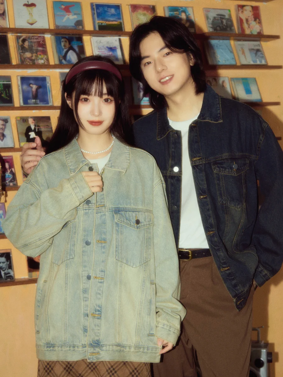 الربيع والخريف جديد خمر المرأة بدوره إلى أسفل طوق غسلها الأزرق الدنيم سترة زوجين الزي عمال معطف أزرق داكن أسود #6