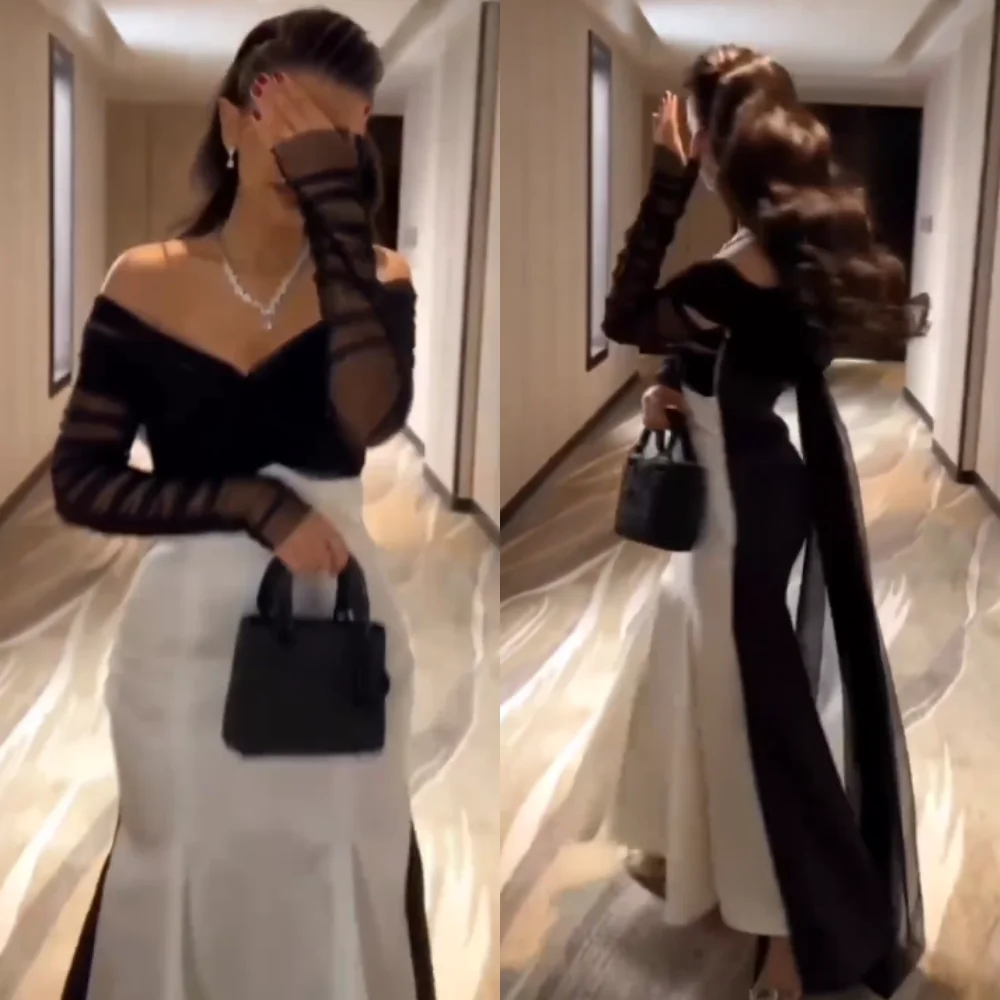 Ball Fashion Customized V-neck Mermaid Anke Length Prom Dresses Tulle Draped Satin Evening Vestido De Casamento 2023