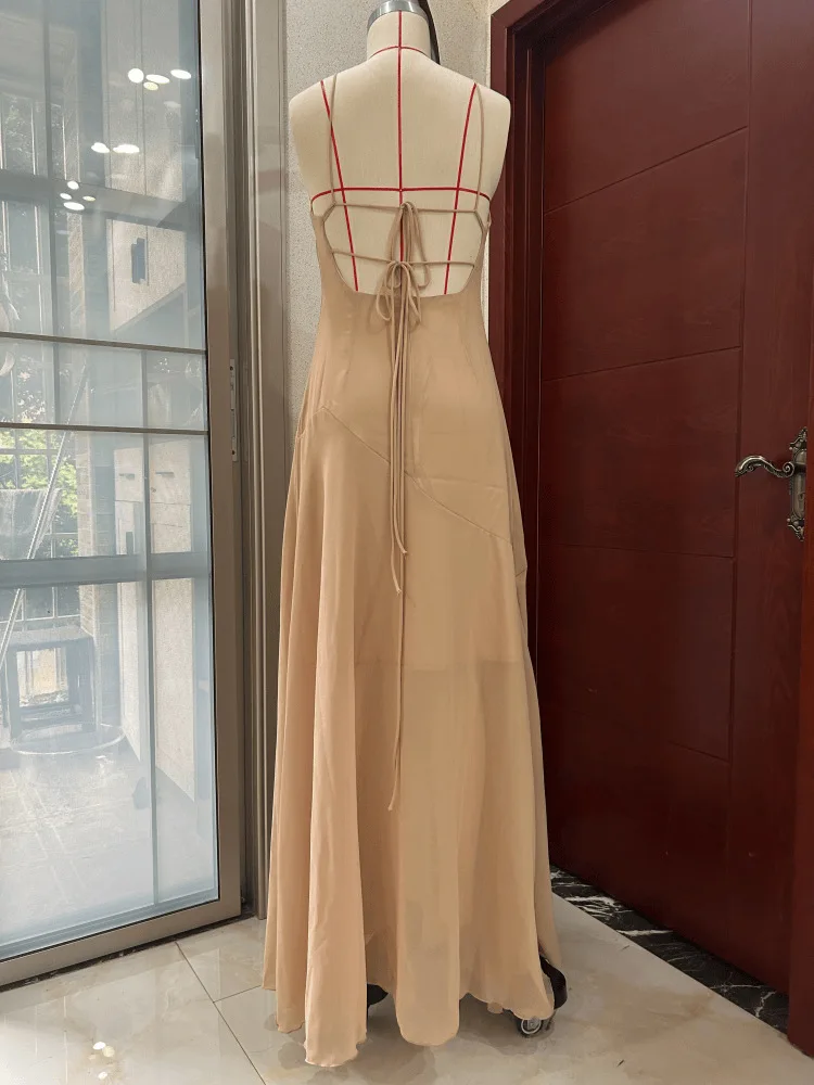 Ruffle Cloak long V-neck Spaghetti Straps Low Back Long Formal Evening Dress Apricot