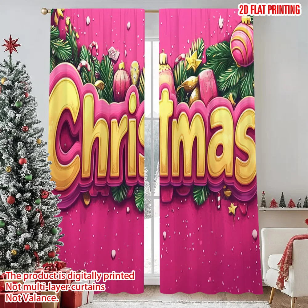 

2pcs 2D flat printing Christmas Drapes Happy Christmas Machine Washable Polyester Without Electricity Holiday Decorations Use