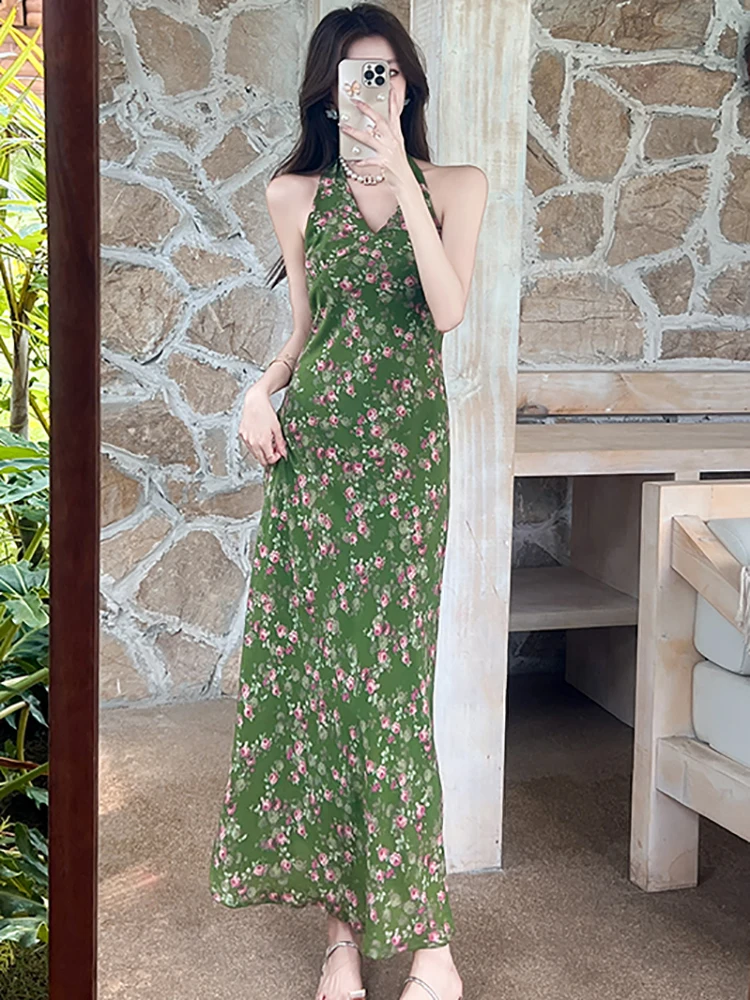 الصيف الأخضر الأزهار الشيفون عادية شاطئ نمط فستان طويل المرأة أنيقة الرقبة شنت فستان مثير 2025 الكورية Bodycon فستان الحفلات