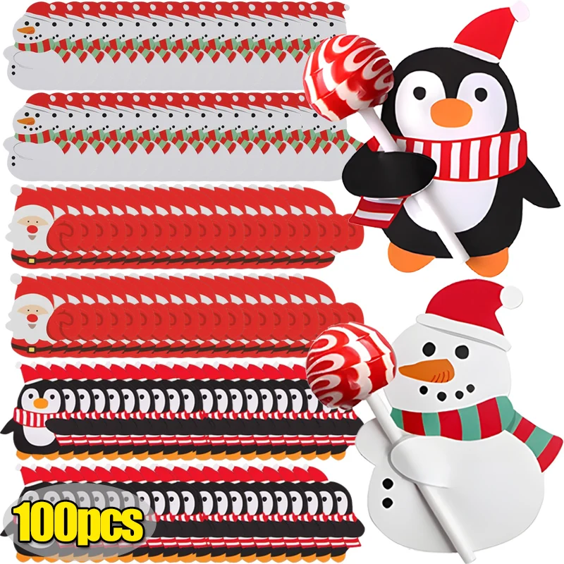 25-100pcs Lollipop Paper Cards Christmas Kids Gifts Santa Penguin Snowman DIY Candy Holder Package Wrapping New Year Decoration