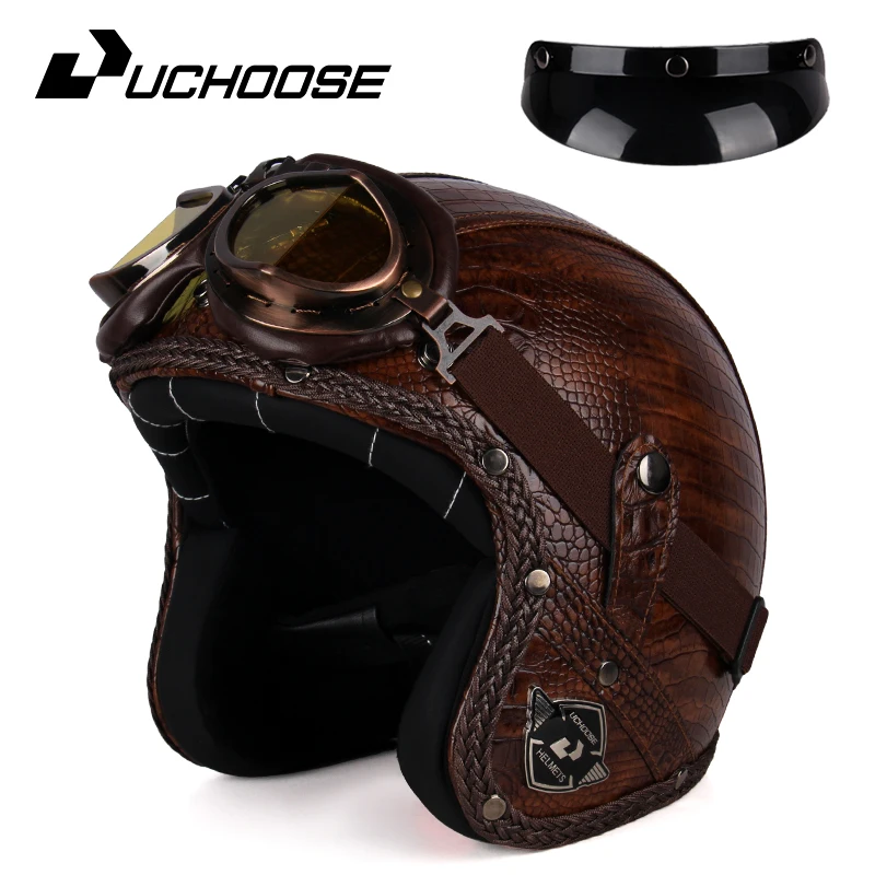 UCHOOSE Retro Motorhelm PU Leer Open Gezicht 3/4 Chopper Fietshelmen Klassieke Casco Moto Vintage