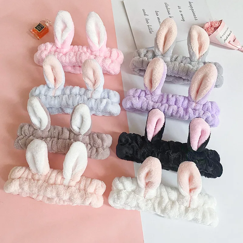 Soft Flannel Skincare Spa Rabbit Ear Makeup Facial Face Wash Cute Bunny Ears Fabric Makeup Headbands for Women