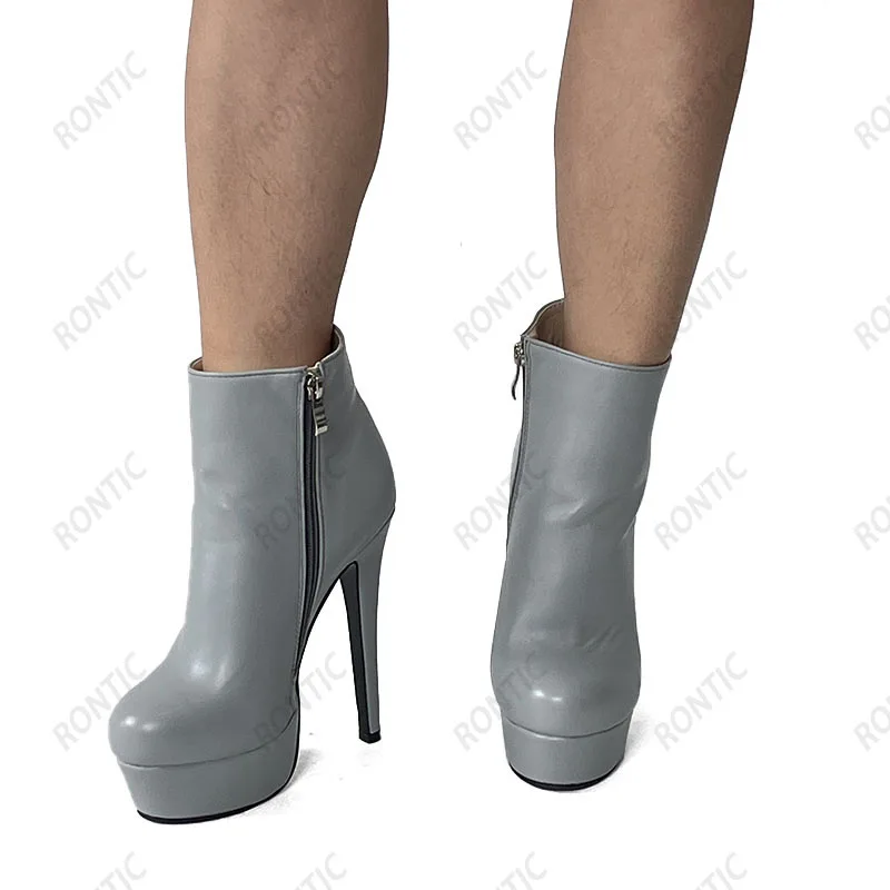 Rontic Women Winter Platform Ankle Boots Faux Leather Zipper Stiletto Heels Round Toe Advanced Grey Party Shoes US Size 5-20