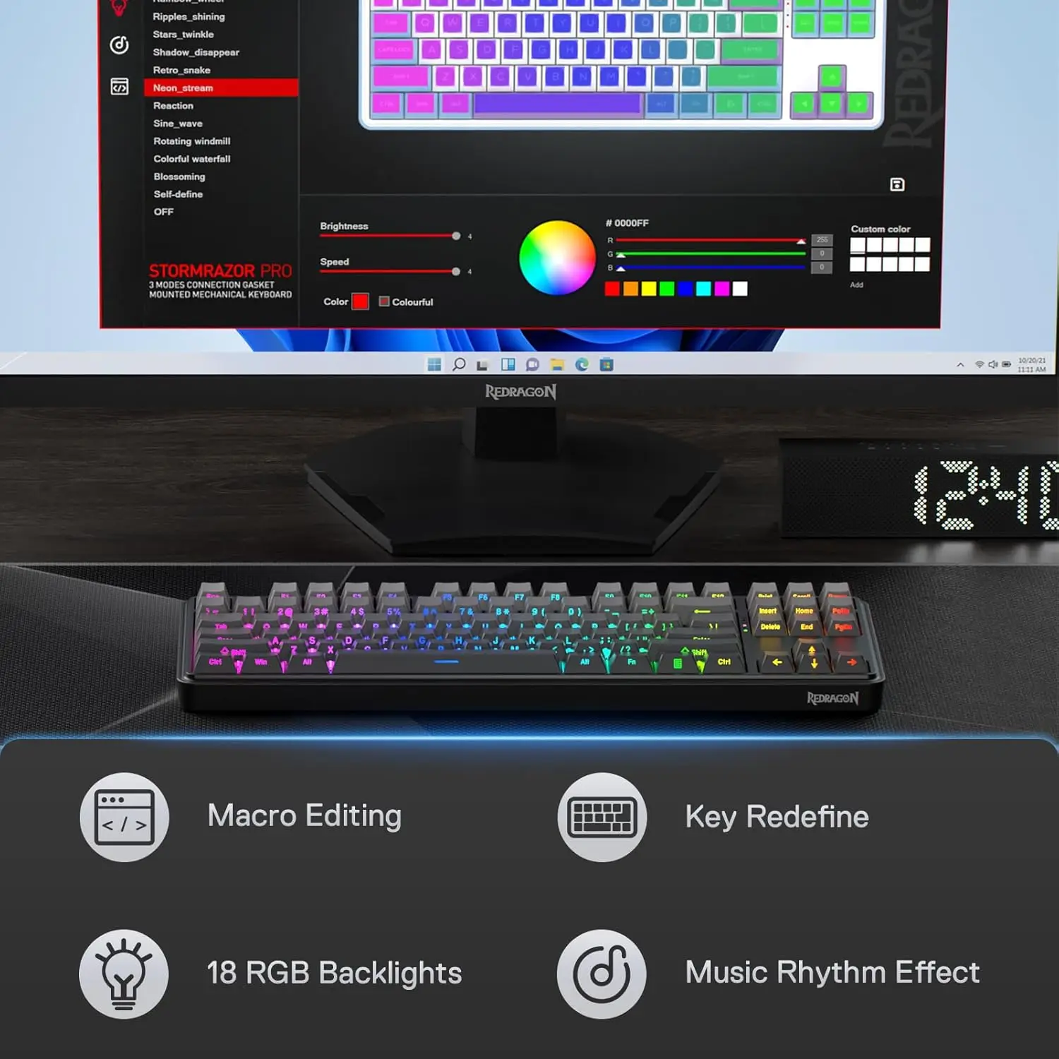 Redragon K707 PRO GB 80% ปะเก็น RGB Gaming 3 โหมดไร้สาย TKL Mechanical Hot-Swap ลดเสียงรบกวนคีย์บอร์ด,Mint Mambo Switch