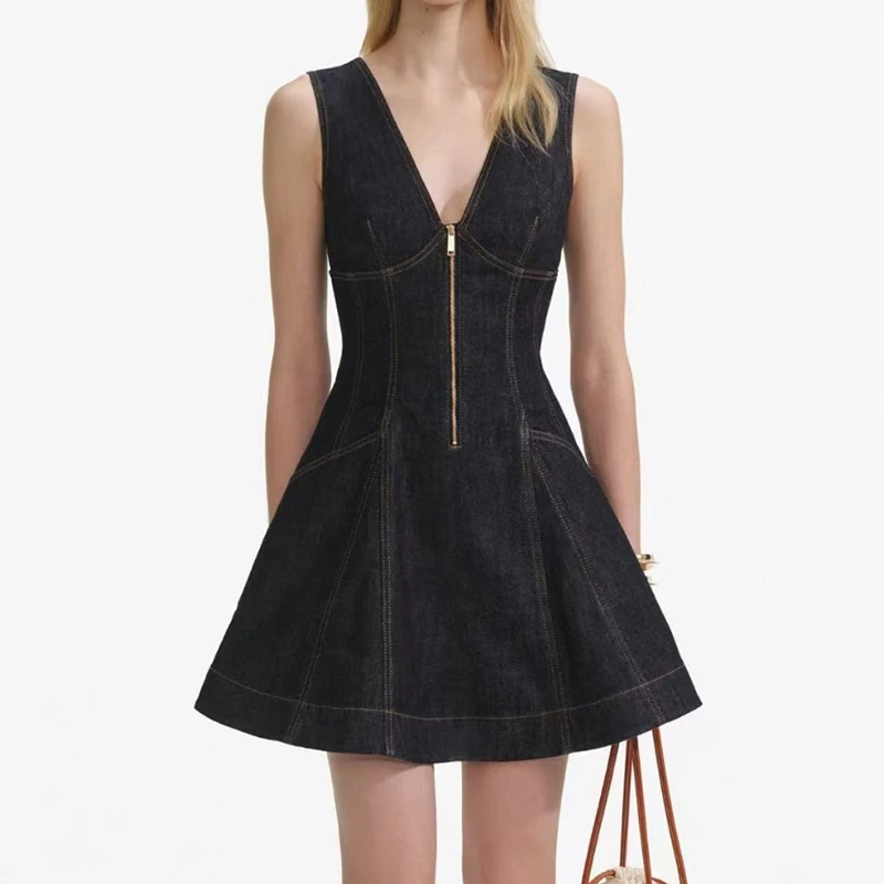 

Women's V-neck Sleeveless Deep Blue Denim Dress,Fashion Slim Waist Dress,High Quality Short Dresses,Summer,New,2025