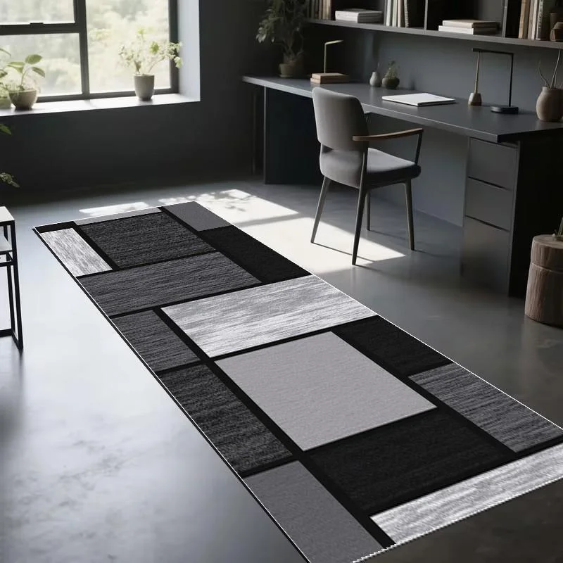 VIKAMA Modern Abstract Runner Mat Gray Tone Blocks Design Soft Anti‑Slip Carpet For Office Living Room Home Decor
