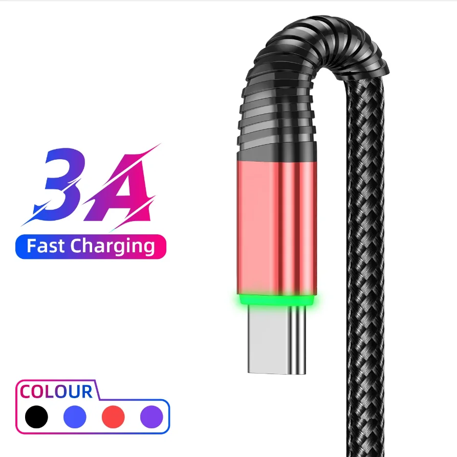 

Кабель для быстрой зарядки 3A Type-C для Samsung Xiaomi 17, Huawei Honor Oneplus QC3.0, провод для передачи данных USB-C, шнур для зарядки со светодиодной подсветкой